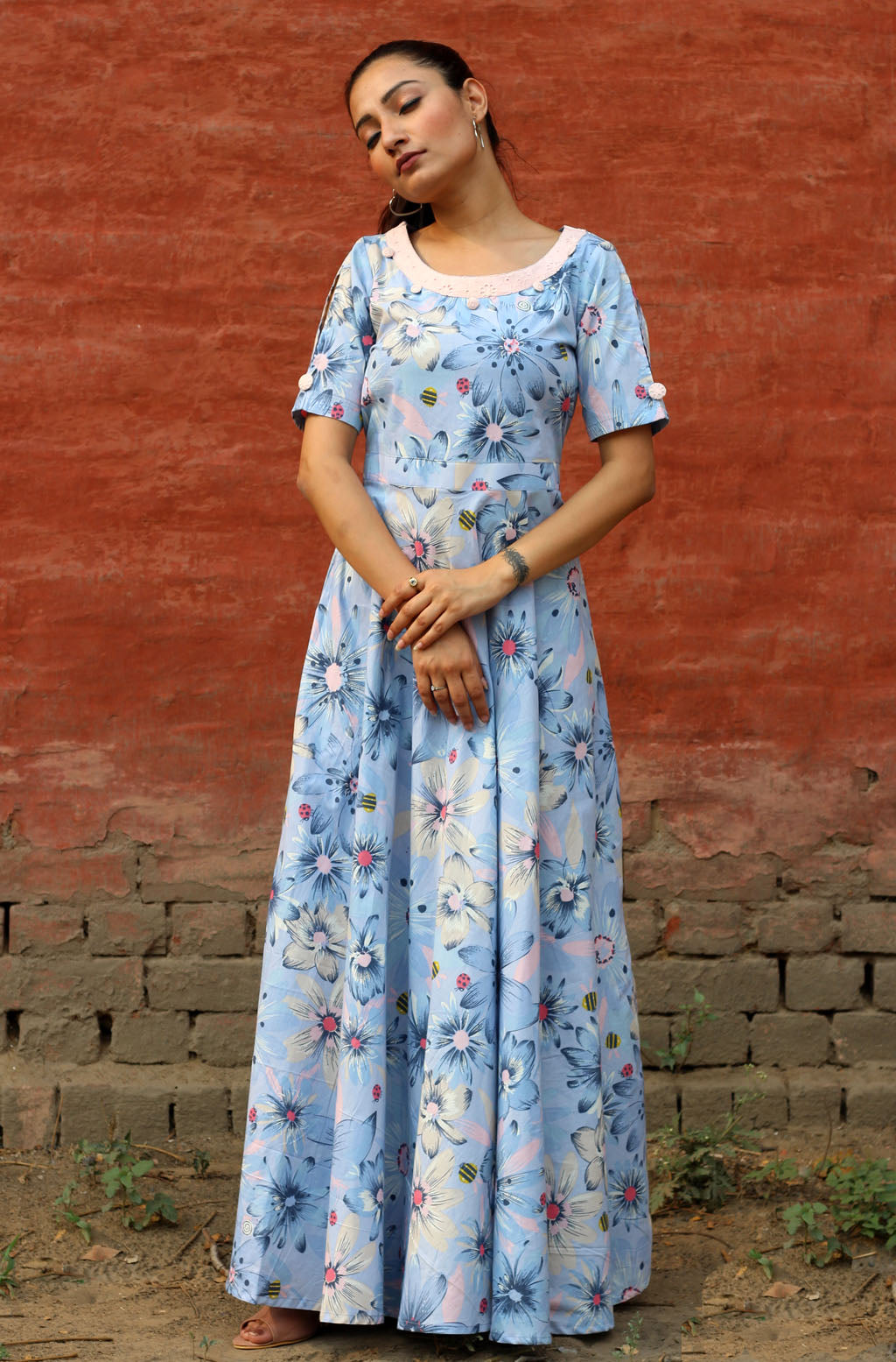 Perwinkle Floral Printed Long Cotton Dress