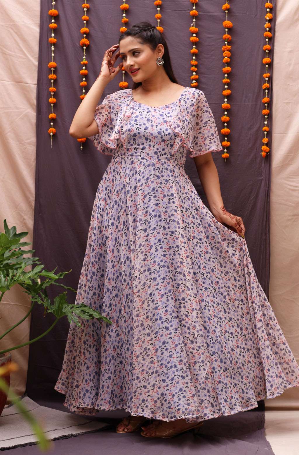 blue printed Georgette long dress