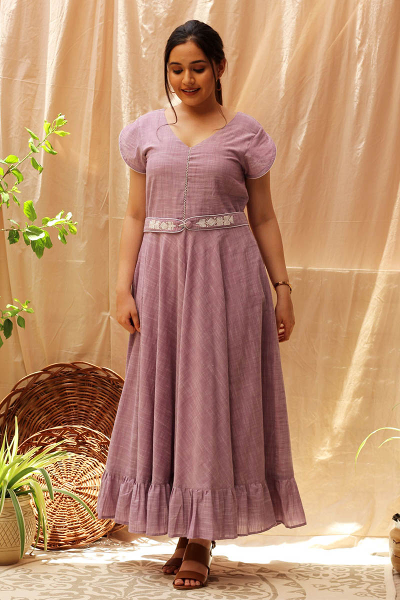 Lilac hand embroidered belt cotton dress
