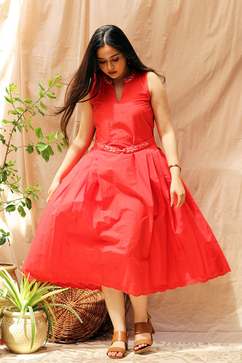 Red Velvet Chikan Short Dress