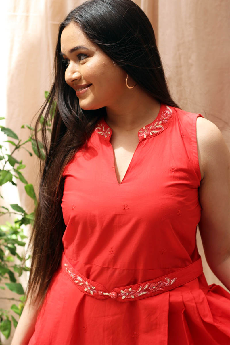 Red Velvet Chikan Short Dress