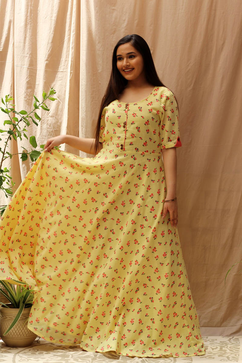 lemon floral printed long dress