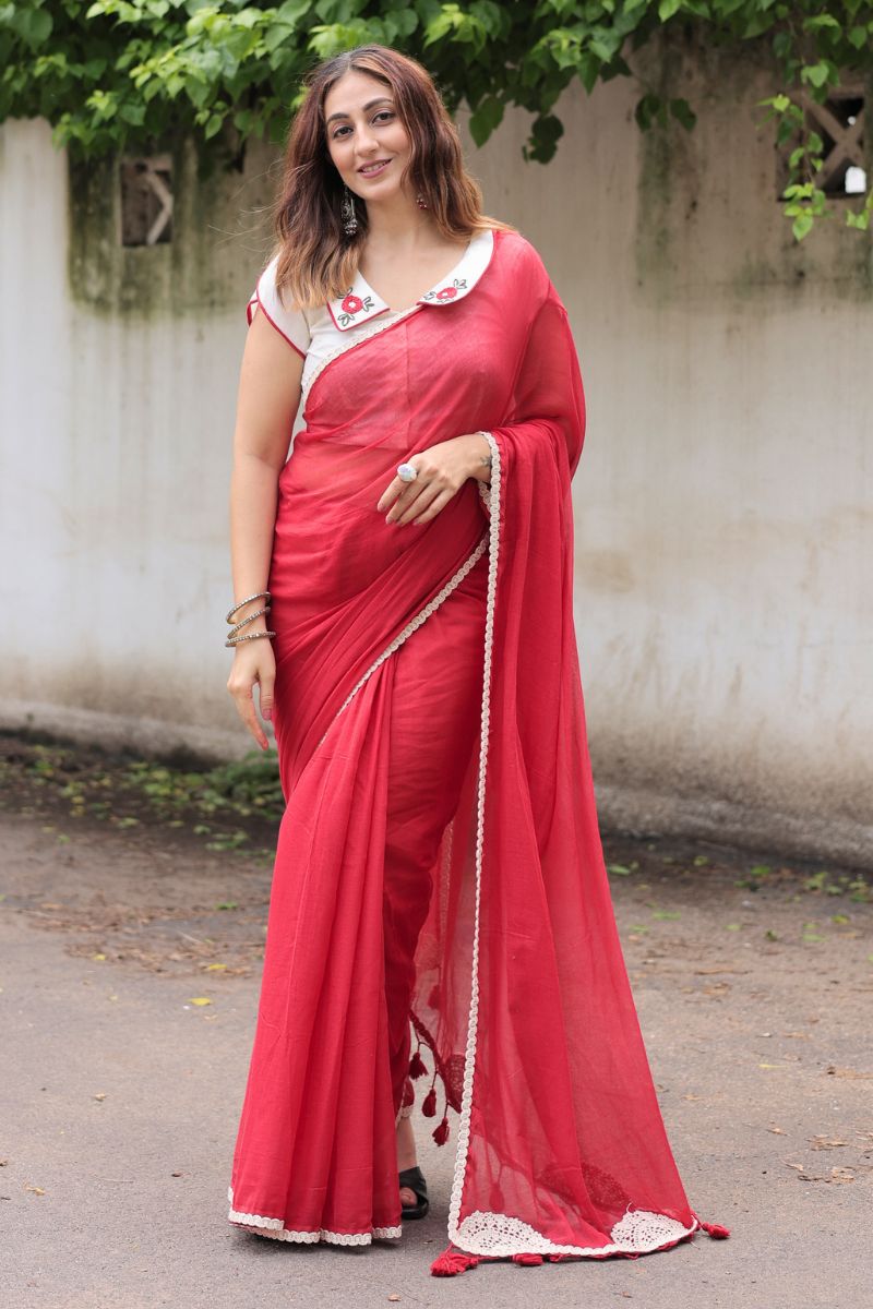 Gulmohar Mul Cotton Saree with Hand Embroidered Blouse
