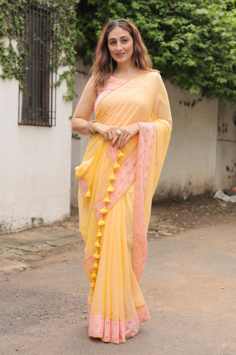 Kanak Mul Cotton Saree with Schiffli Blouse
