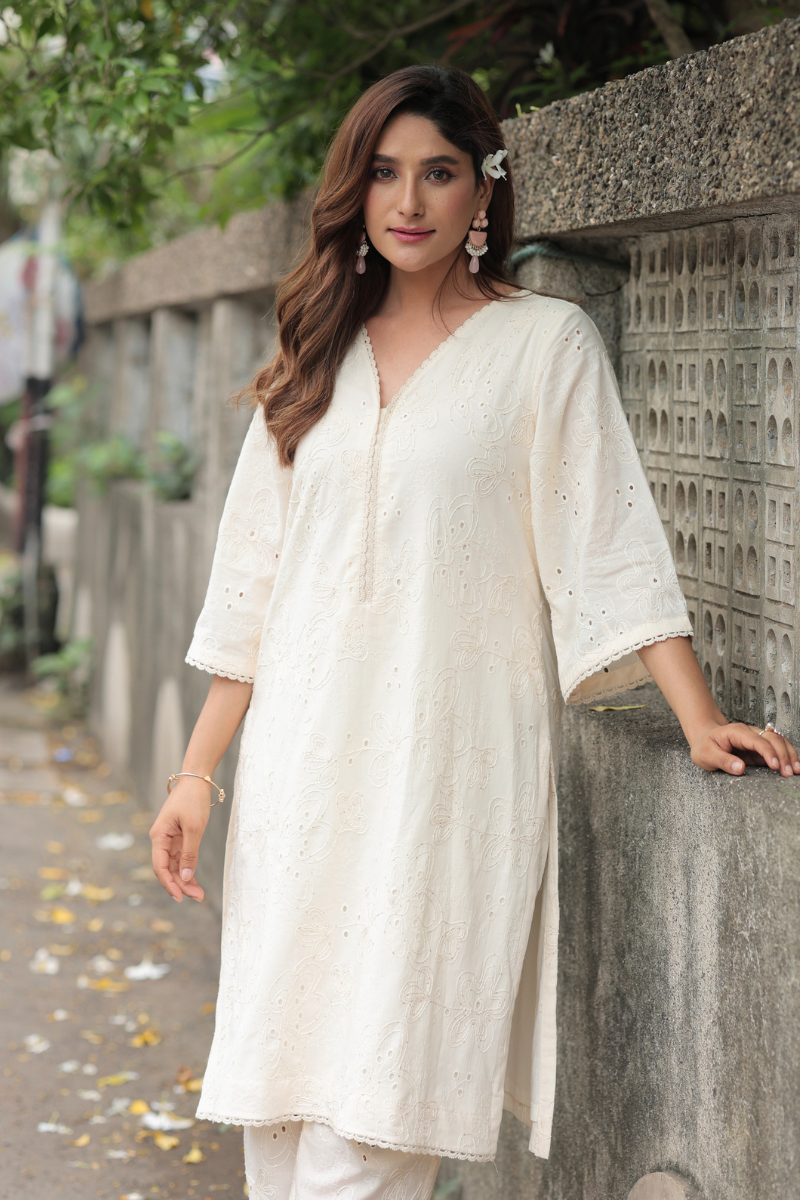 Ivory bloom self embroidery co-ord set