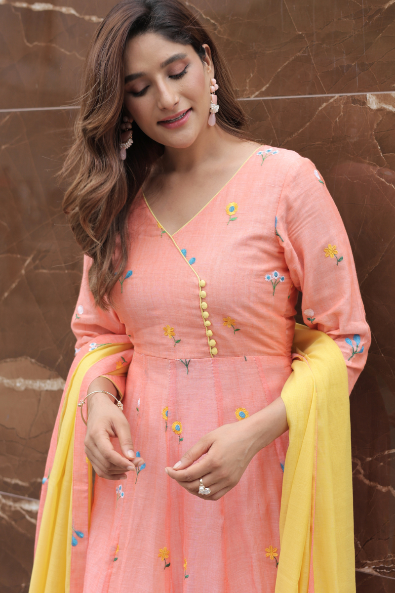 Marigold peach anarkali kurta and dupatta set