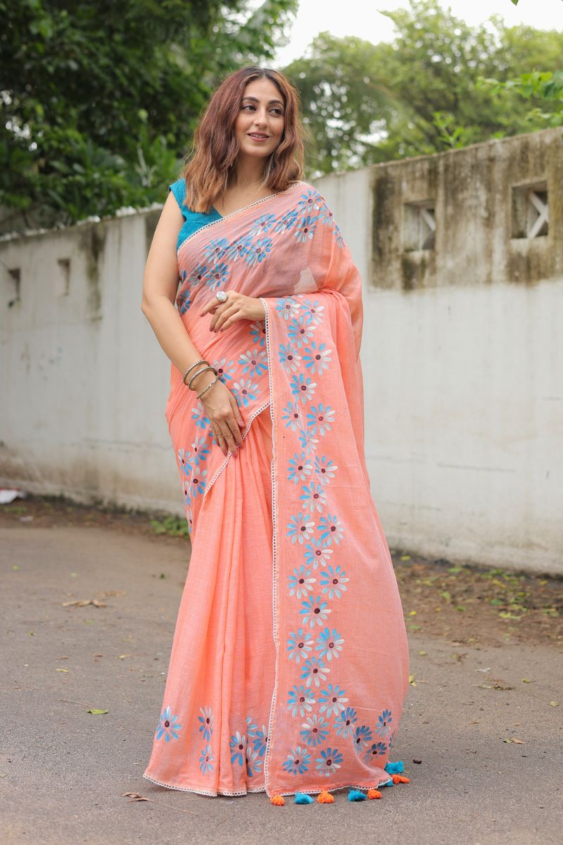 Coral Bloom Orange Mul Cotton Saree with Blouse