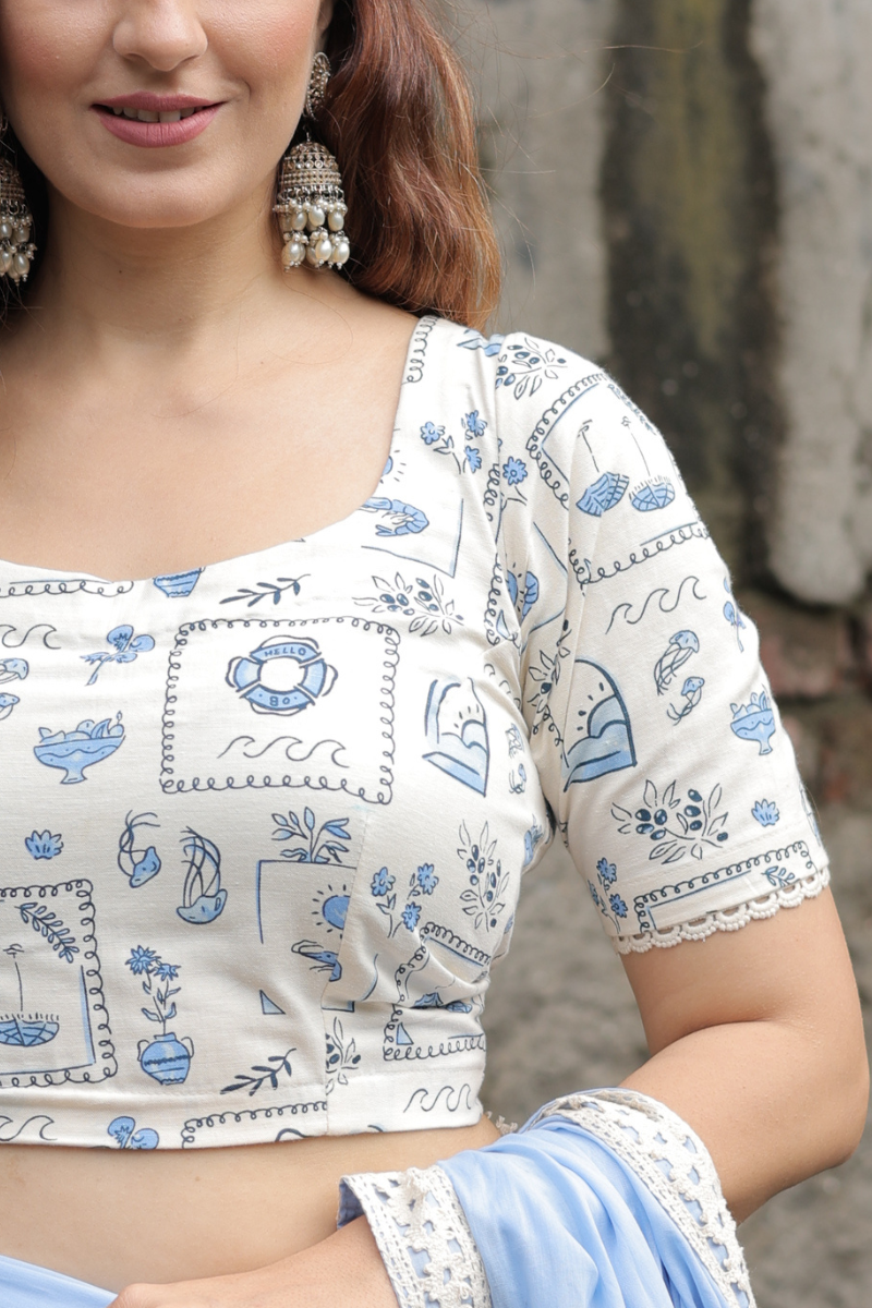 Cream printed cotton blouse
