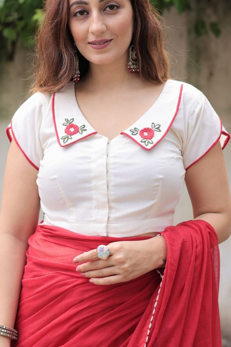 Cream hand embroidery collar blouse