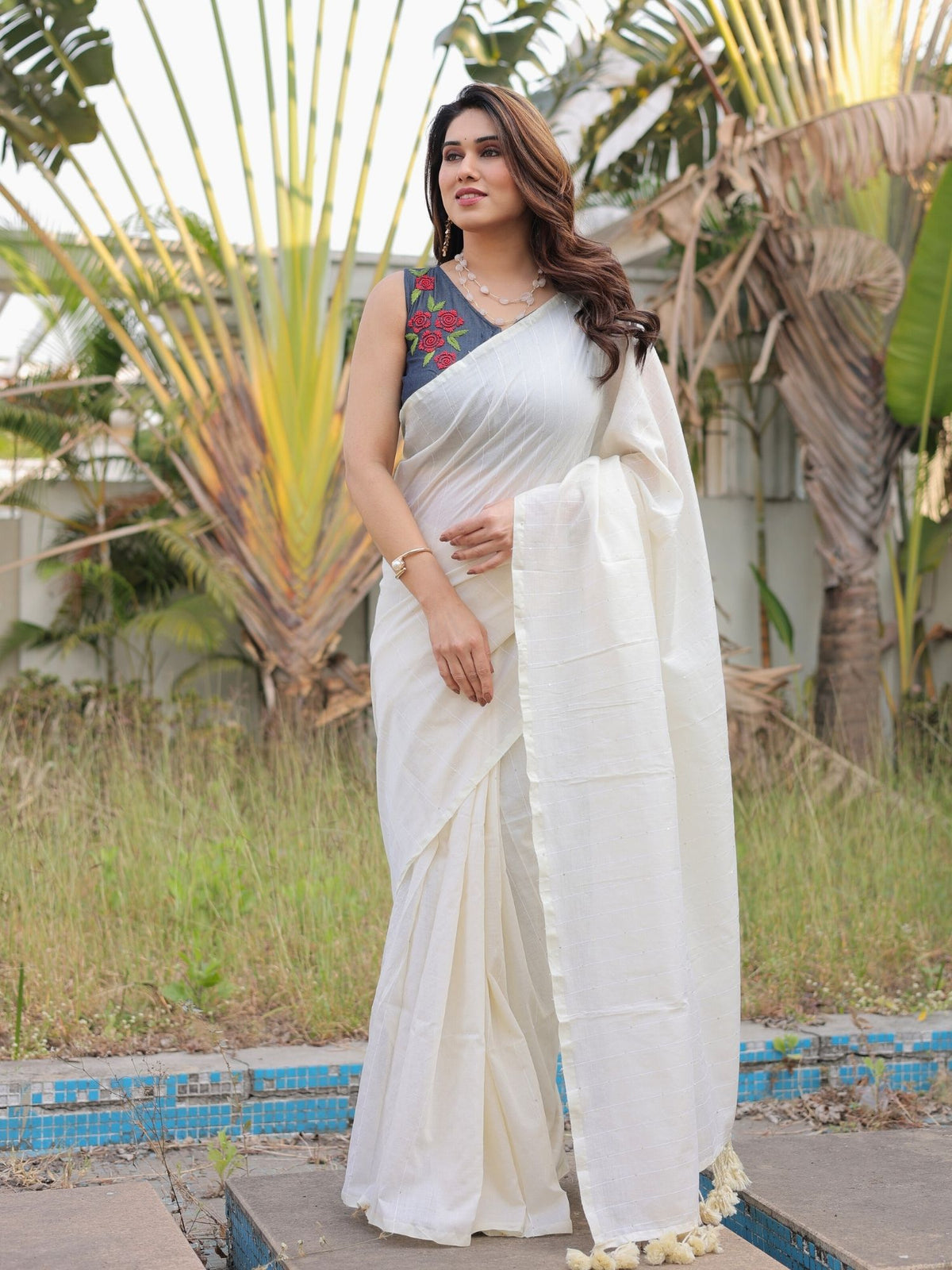 Wild Rose cotton saree with denim blouse