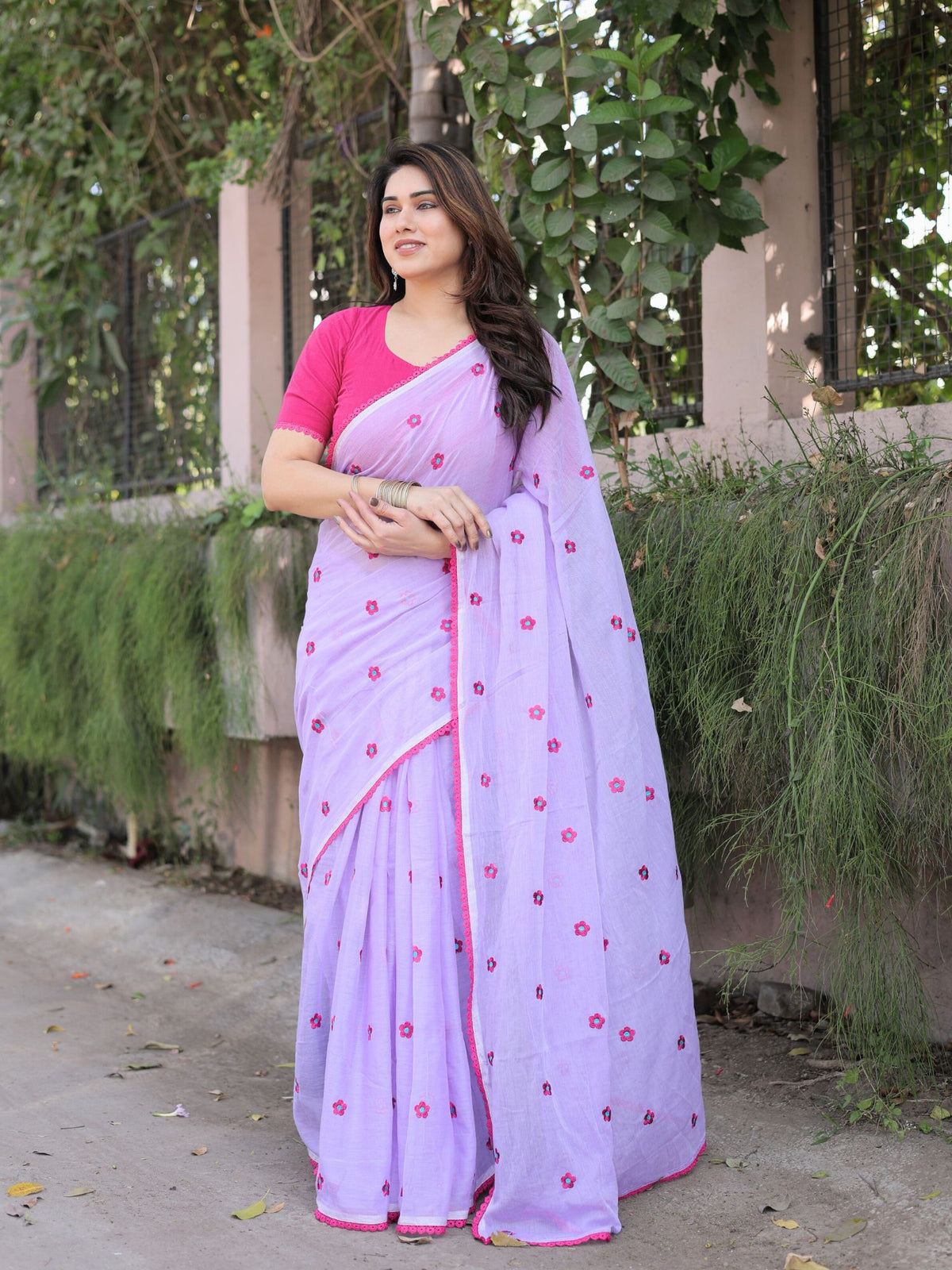 Lilac mul cotton embroidered saree with blouse