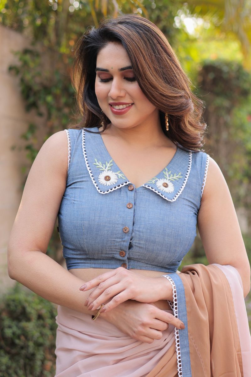 Denim hand embroidery blouse