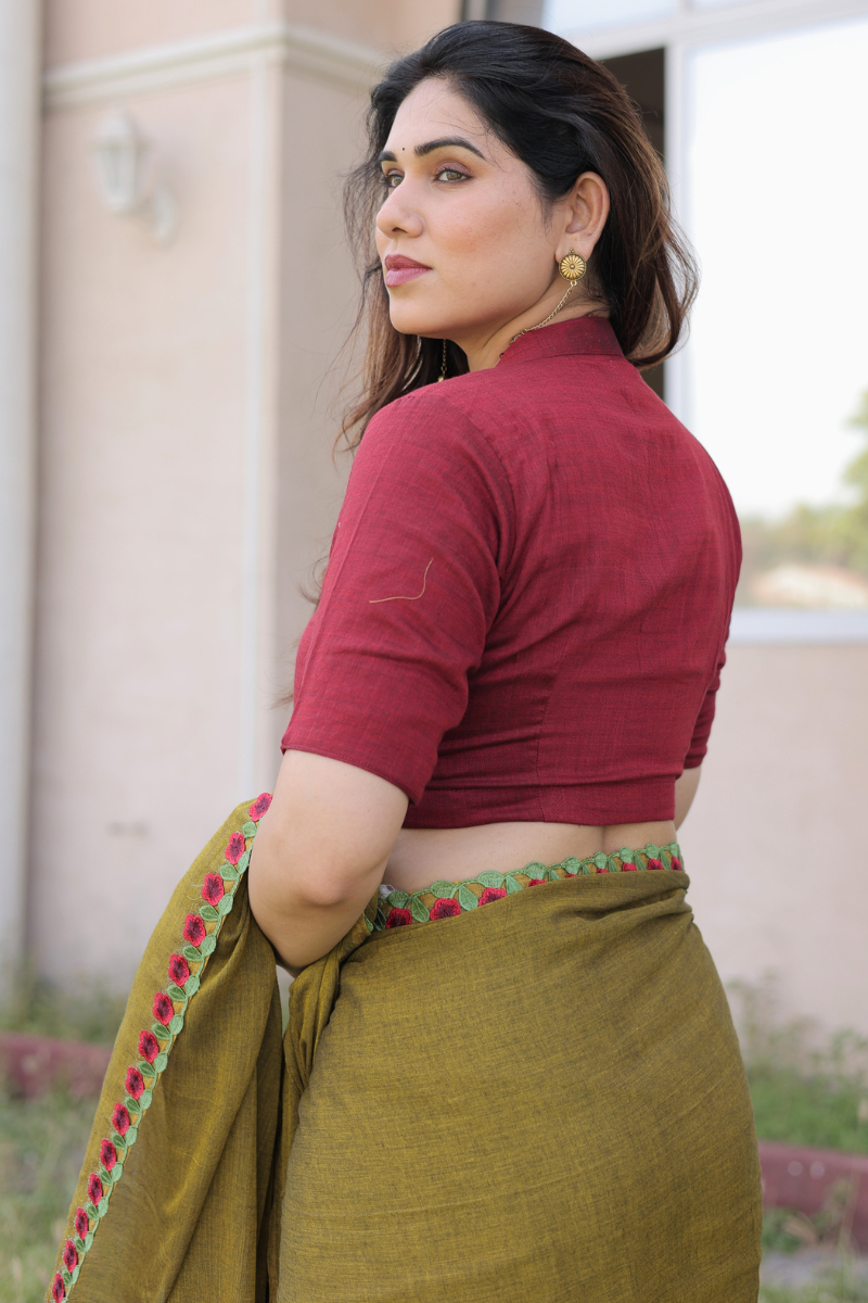 Dusty rose mul cotton saree with contrast blouse