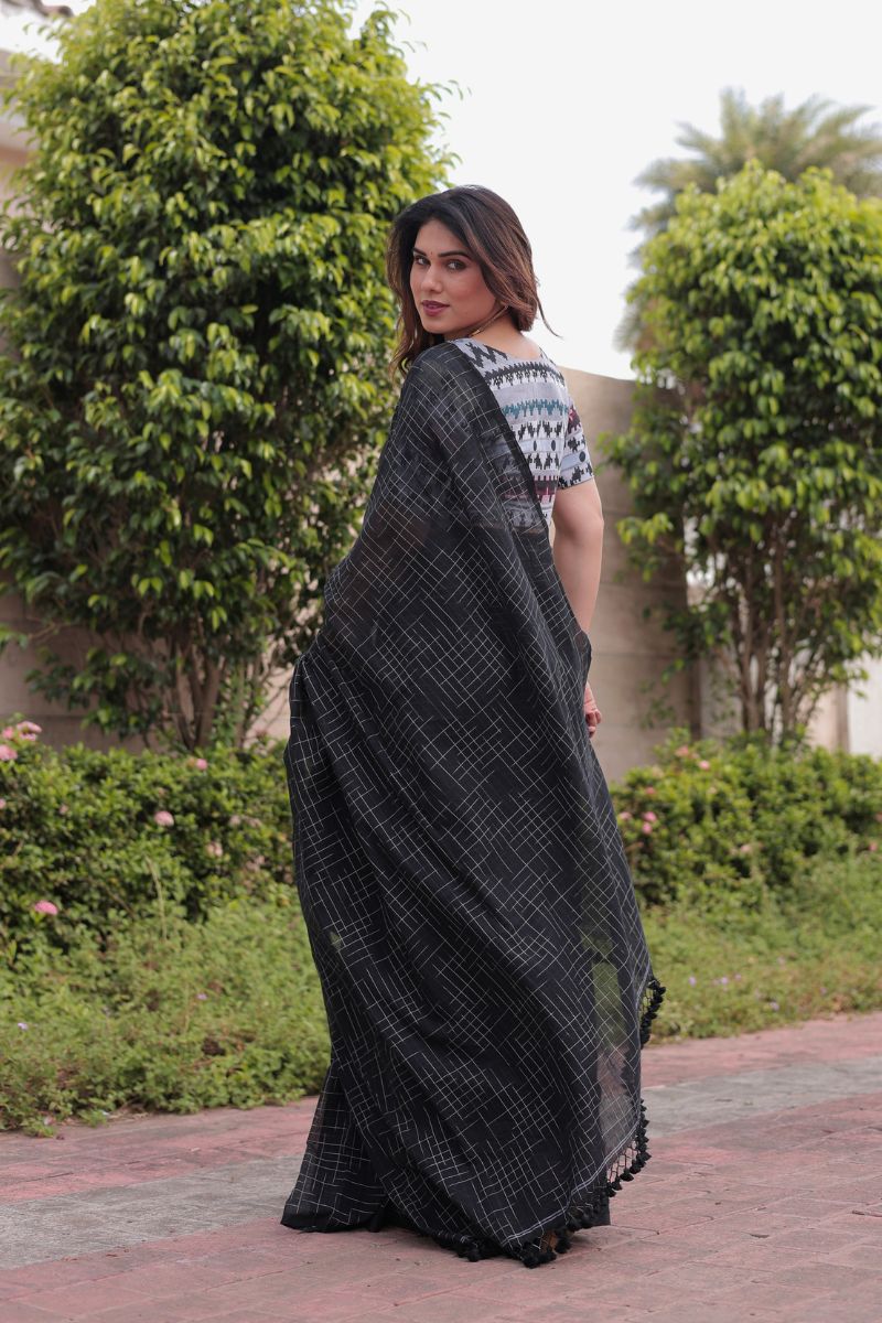 Aztec black handloom cotton saree with blouse