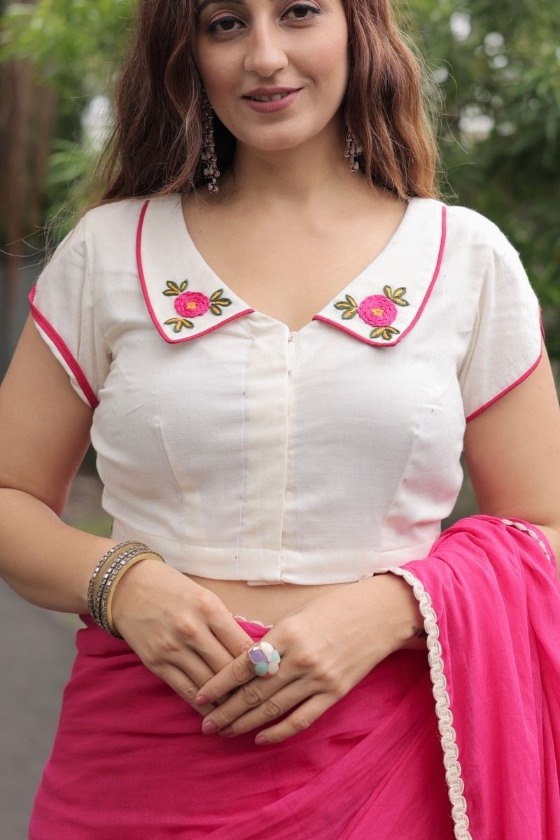 White Pink Floral Collar Blouse
