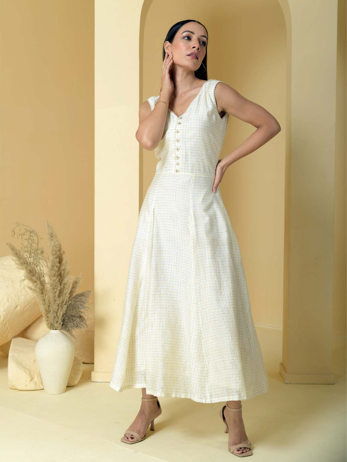 Mogra- White Self check dress