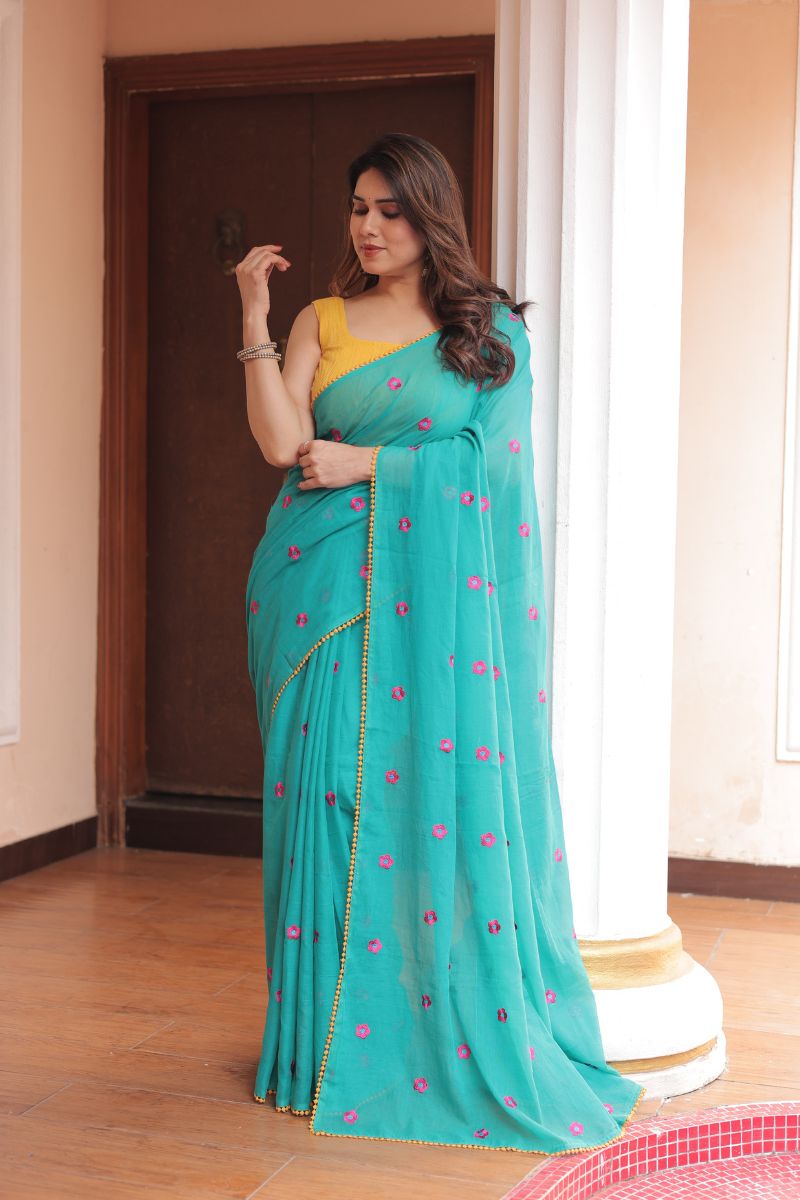 Medha flower embroidery mul cotton saree with blouse