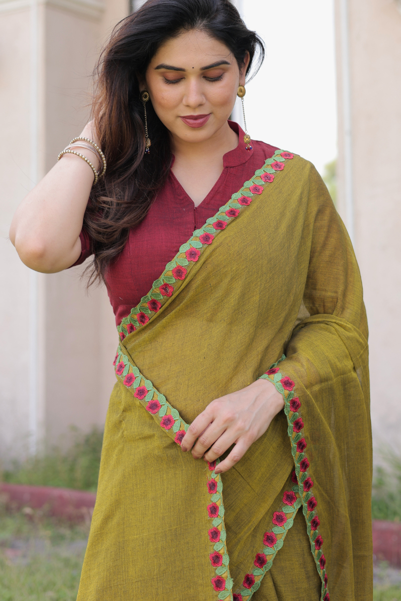 Dusty rose mul cotton saree with contrast blouse