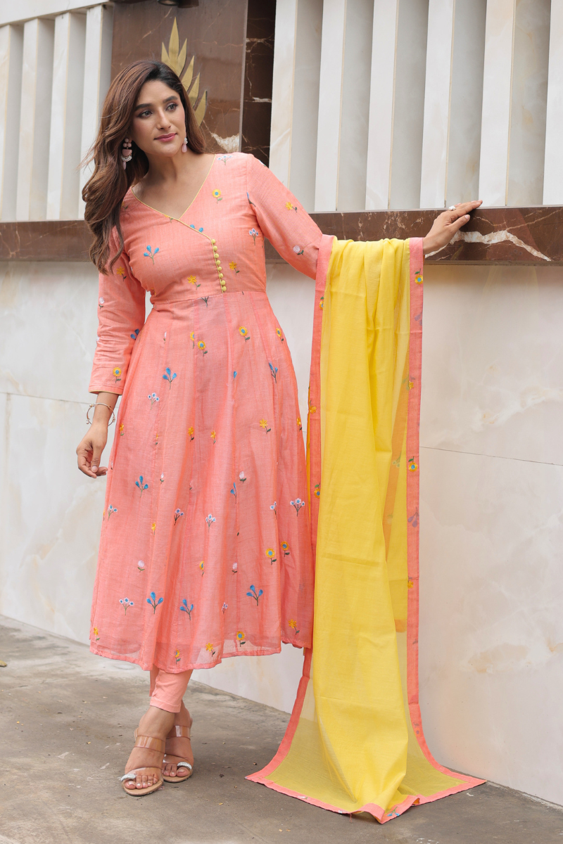 Marigold peach anarkali kurta and dupatta set