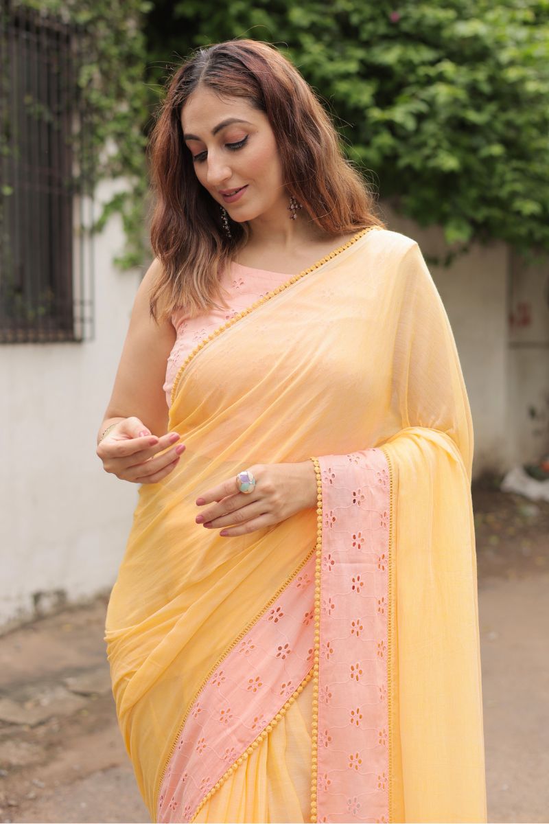 Kanak Mul Cotton Saree with Schiffli Blouse