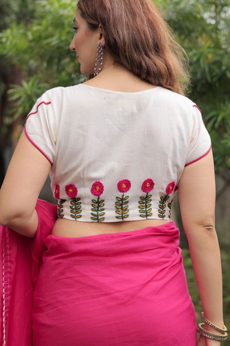 Phoolwari Mul Cotton Saree with Hand Embroidered Blouse