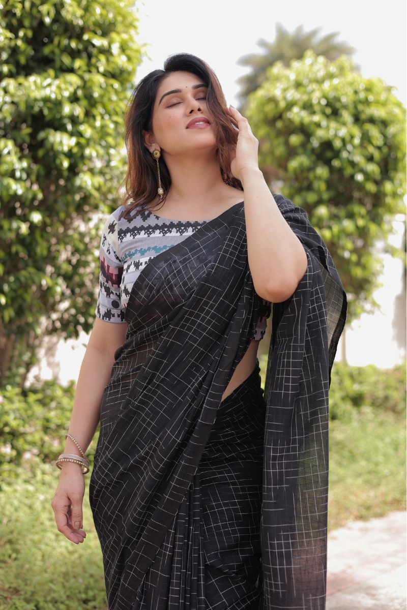 Aztec black handloom cotton saree with blouse
