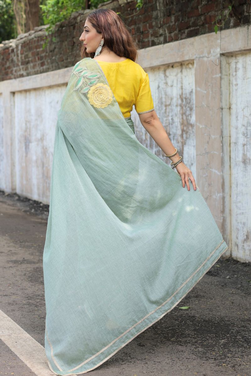 Meadow Bloom Sage Green Mul Cotton Saree with blouse