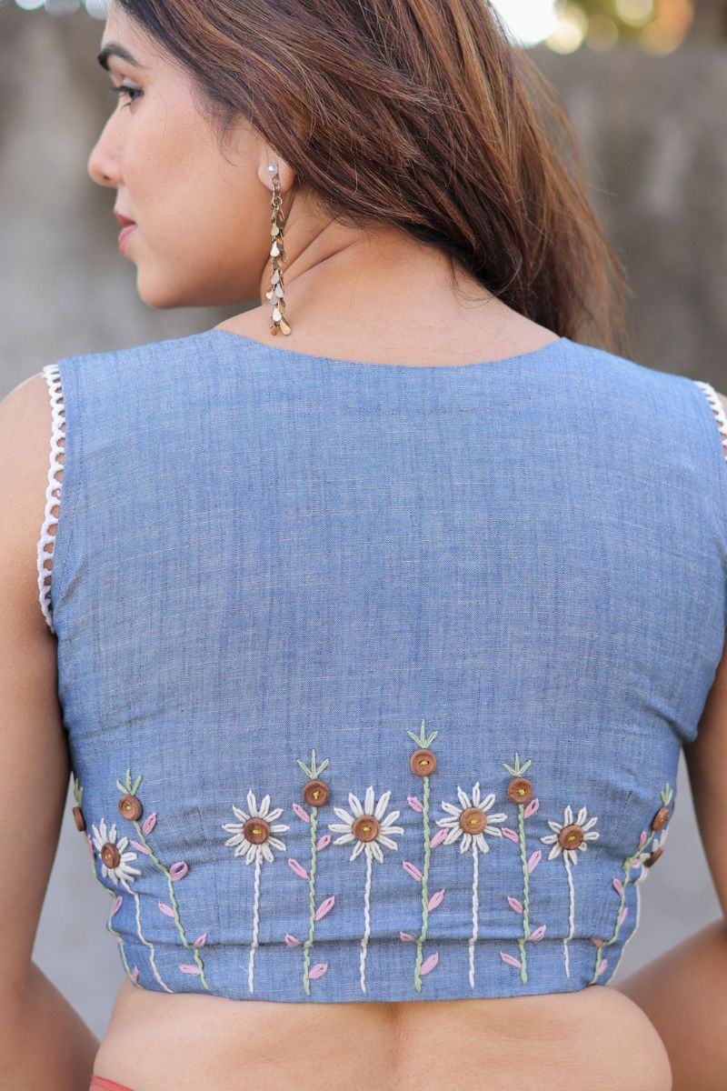 Denim hand embroidery blouse