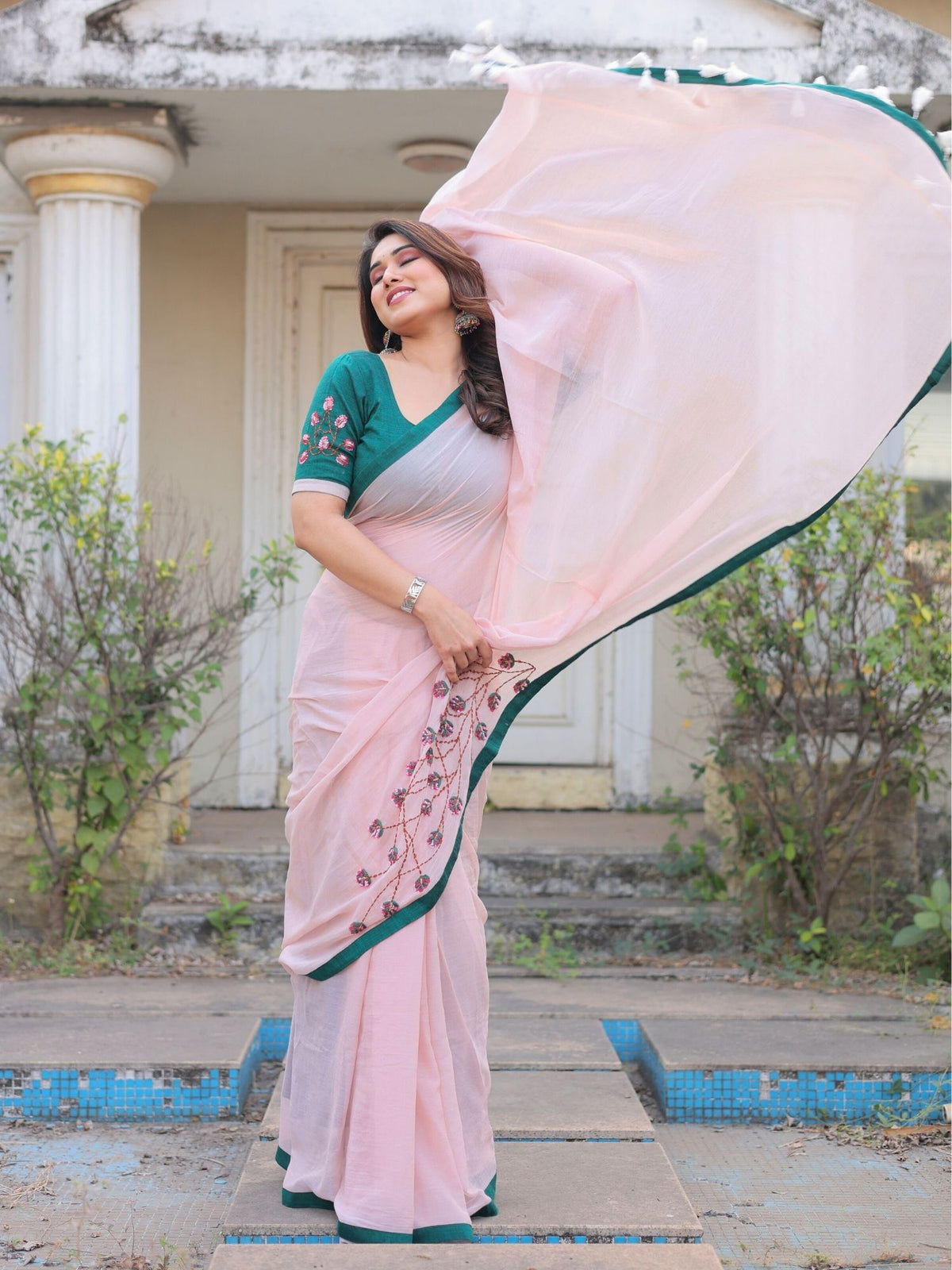 Fairytale blush pink hand embroidered saree with blouse