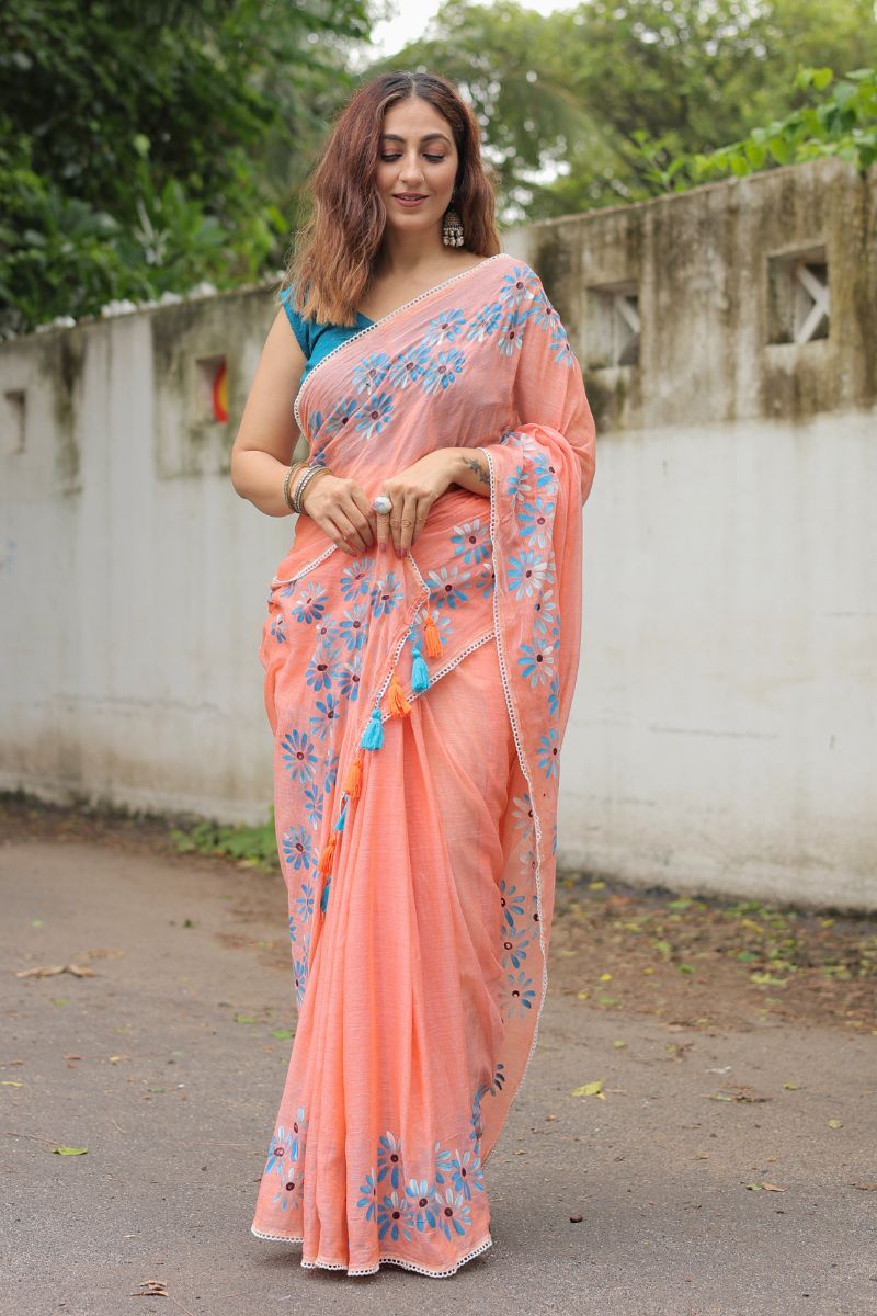 Coral Bloom Orange Mul Cotton Saree with Blouse