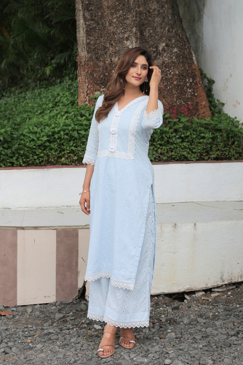 Iris powder blue schiffli kurta set
