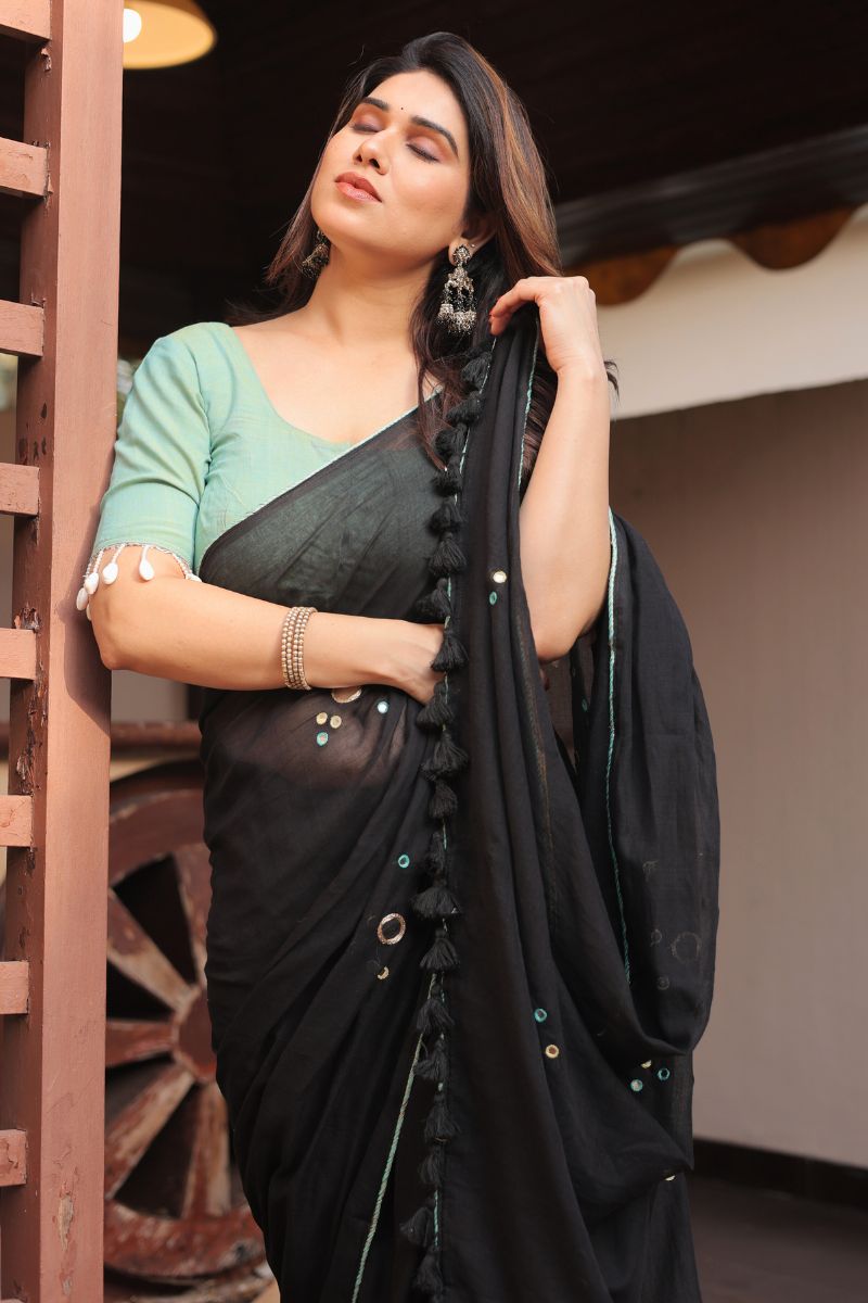 Black honey hand embroidered saree with blouse