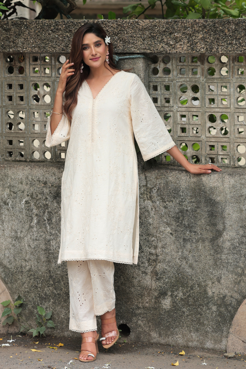 Ivory bloom self embroidery co-ord set