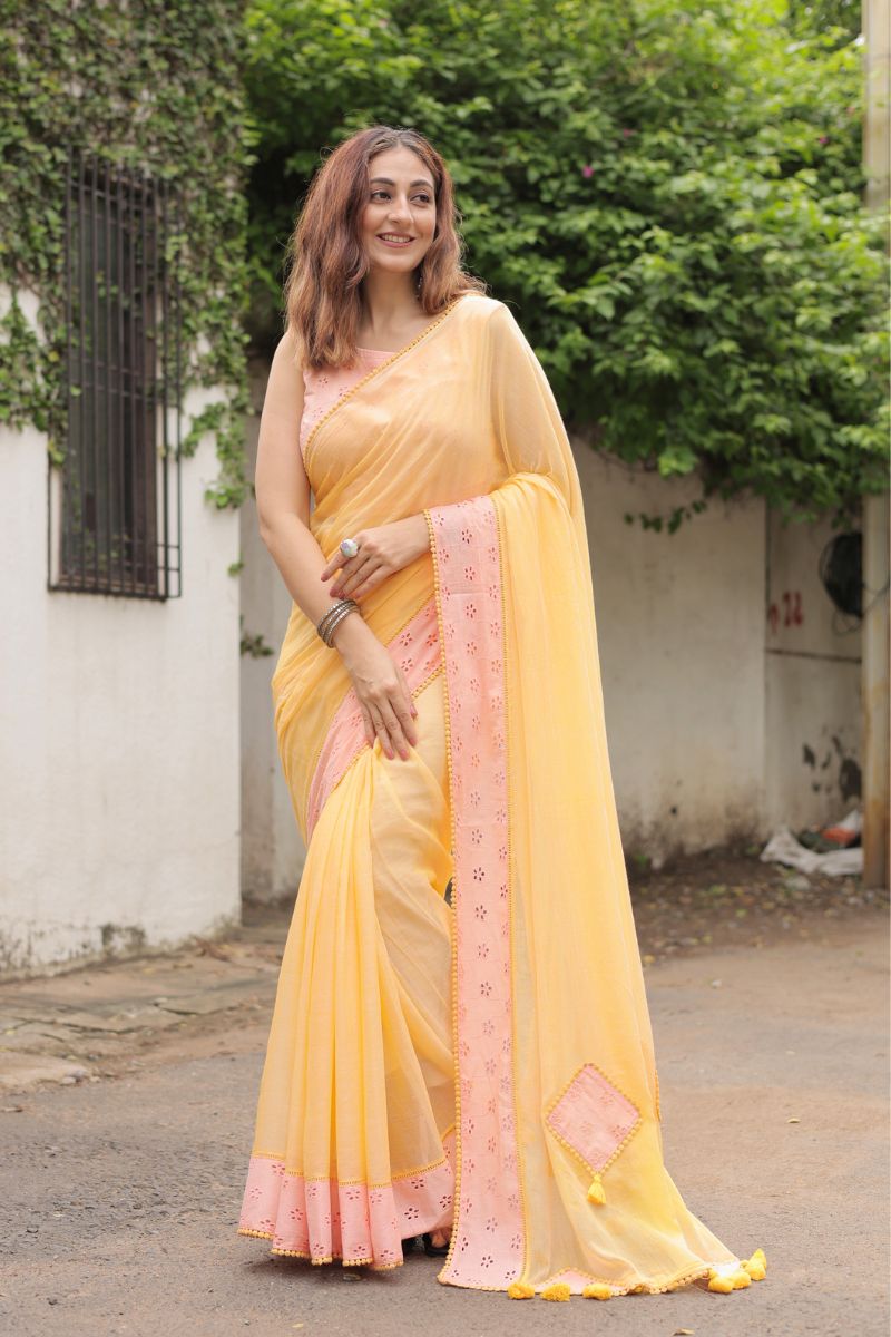 Kanak Mul Cotton Saree with Schiffli Blouse