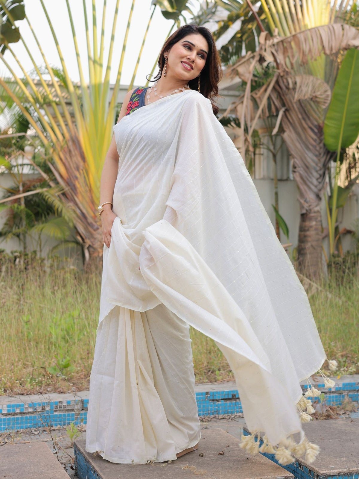 Wild Rose cotton saree with denim blouse