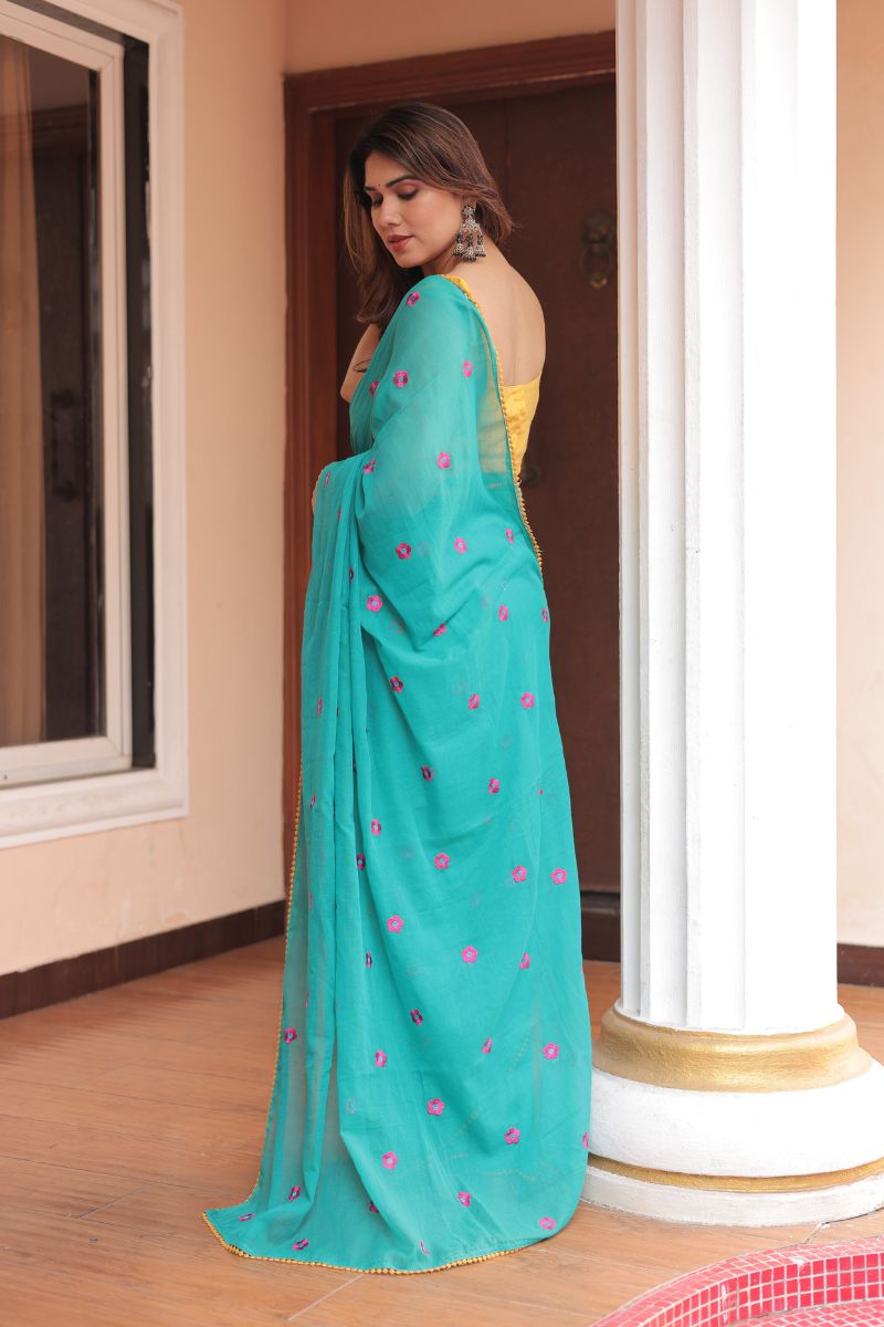 Medha flower embroidery mul cotton saree with blouse