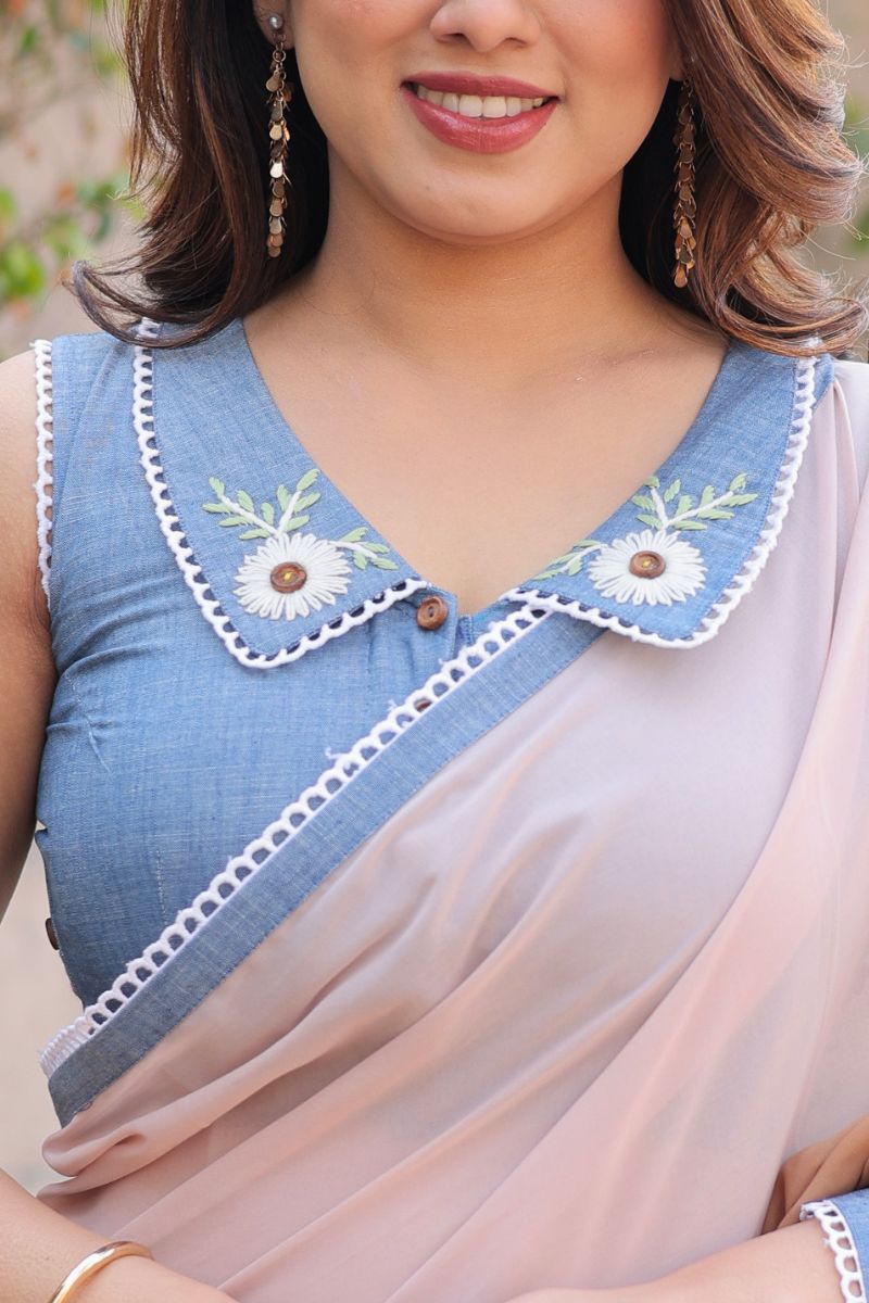 Denim hand embroidery blouse