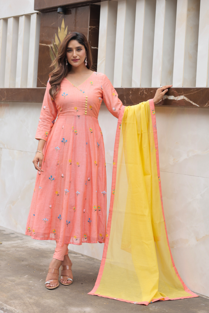 Marigold peach anarkali kurta and dupatta set