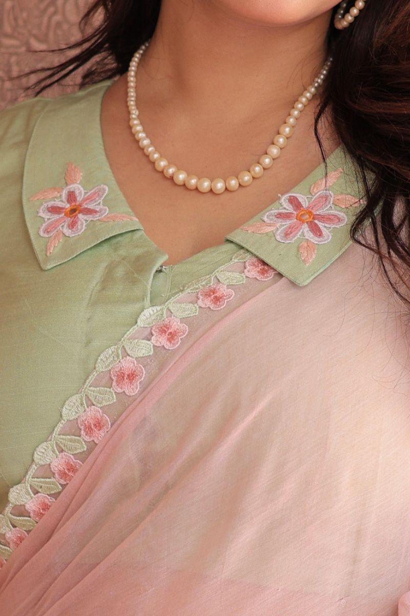 Mint green floral embroidery collar blouse