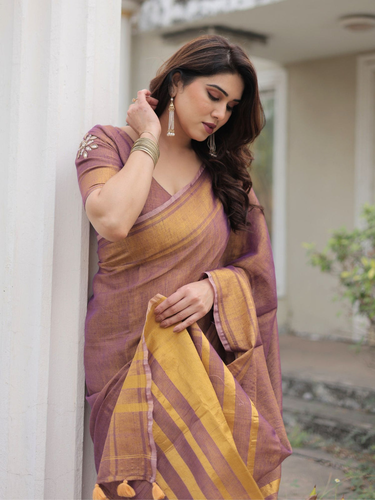 Mauve tissue linen saree with blouse