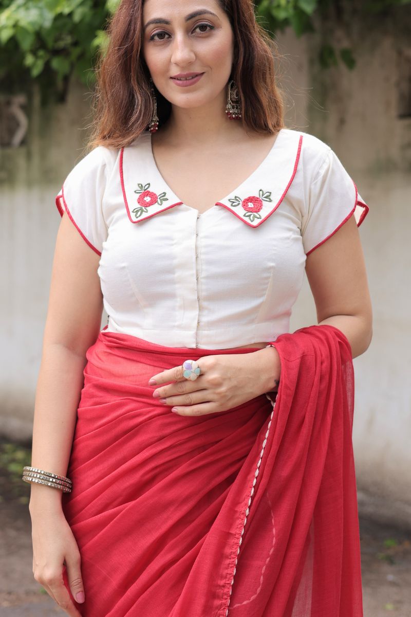 Gulmohar Mul Cotton Saree with Hand Embroidered Blouse