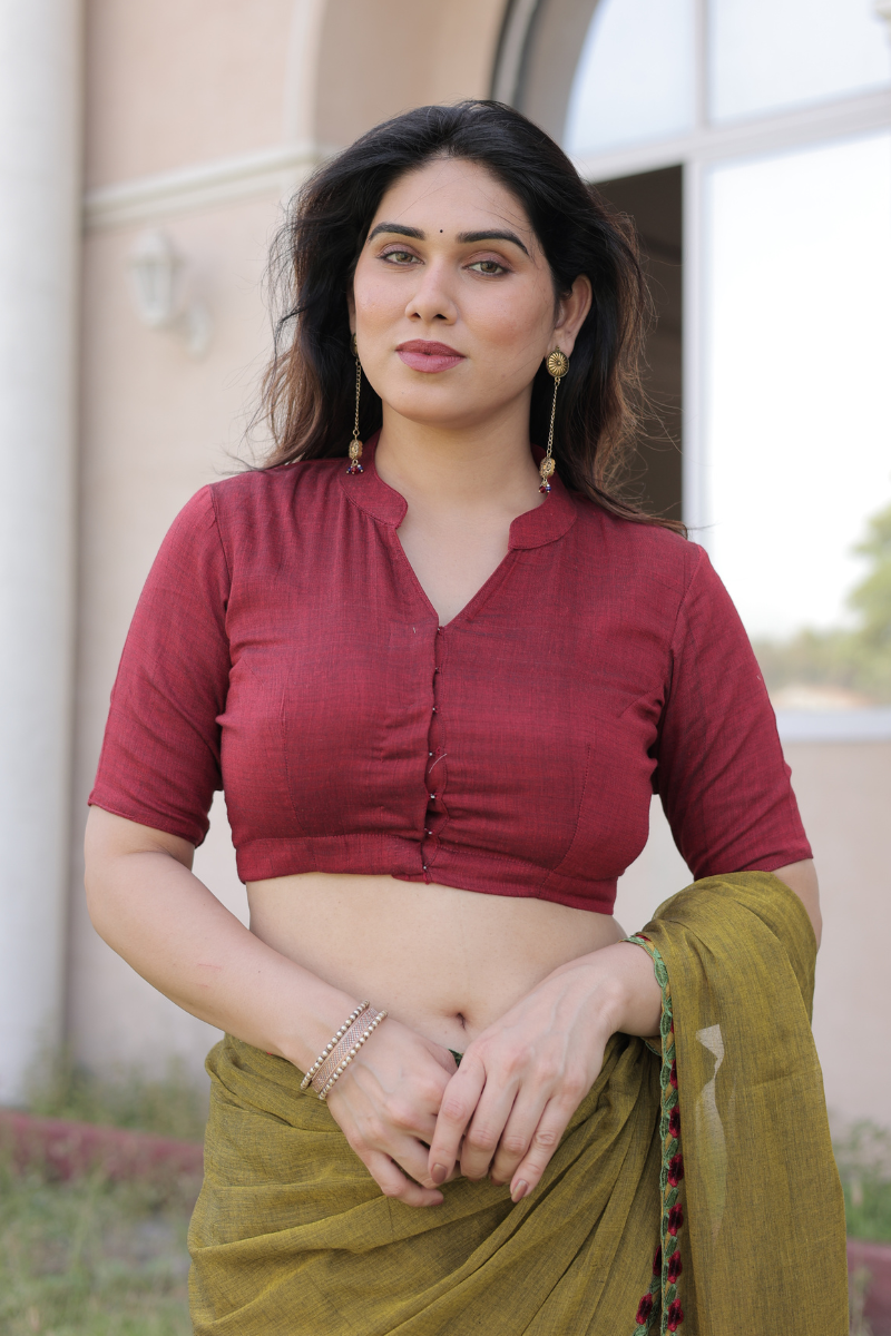 Dusty rose mul cotton saree with contrast blouse