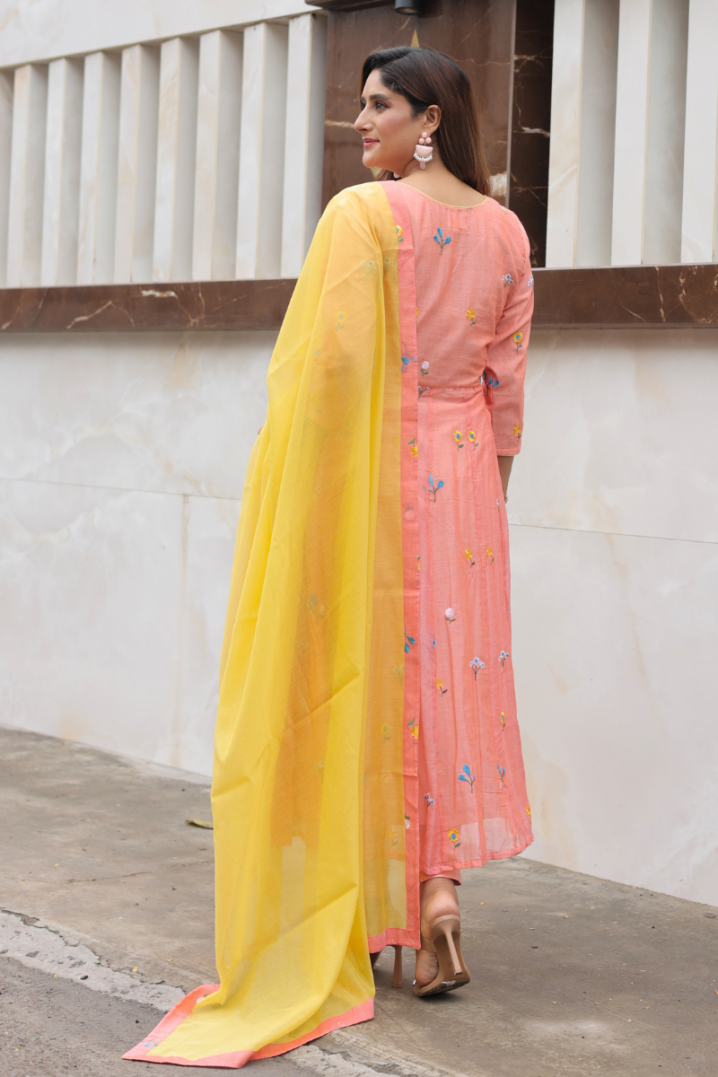 Marigold peach anarkali kurta and dupatta set