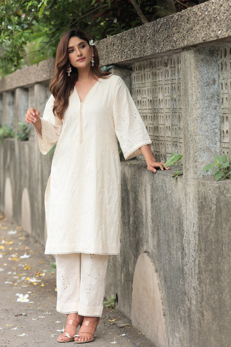 Ivory bloom self embroidery co-ord set