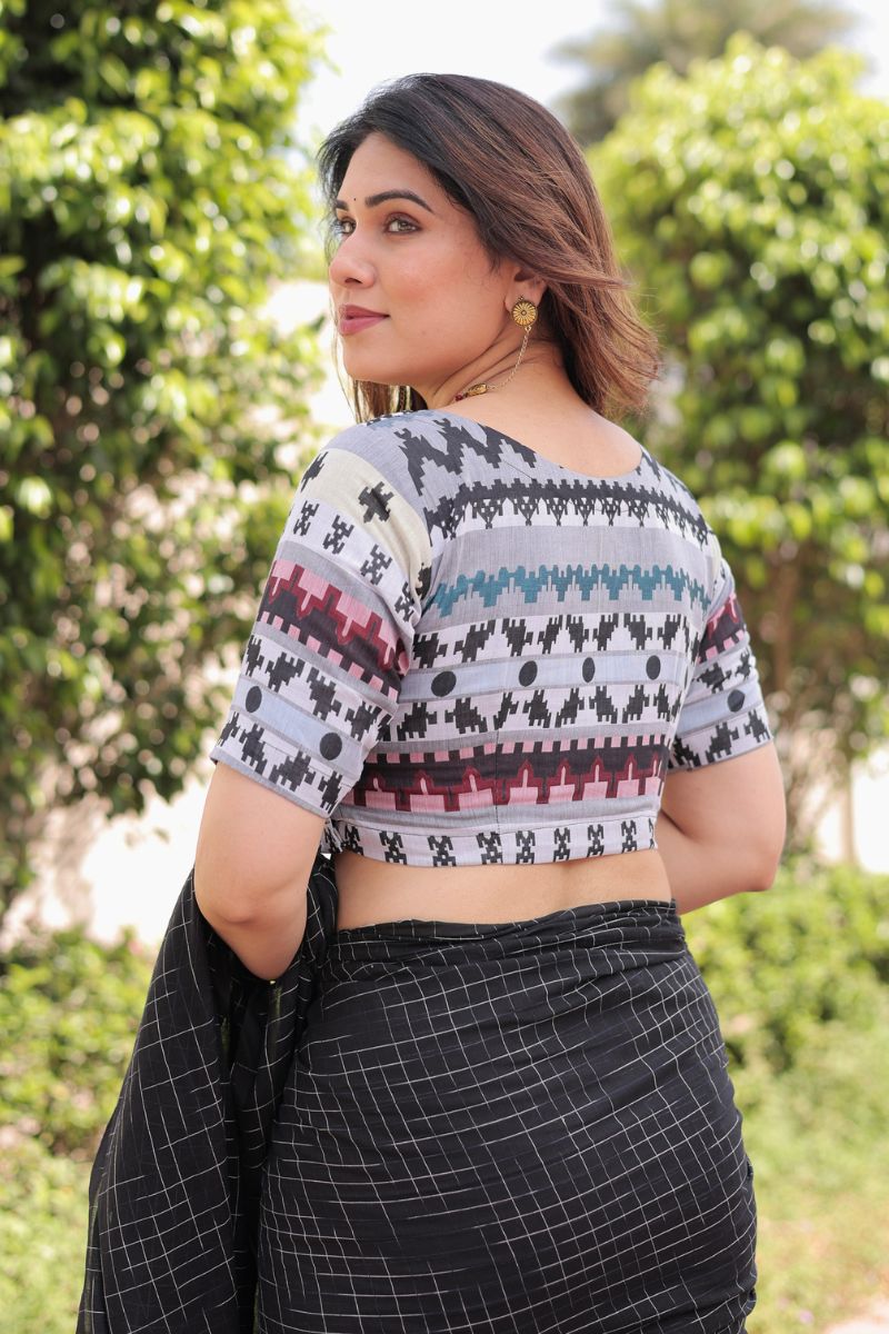 Aztec black handloom cotton saree with blouse