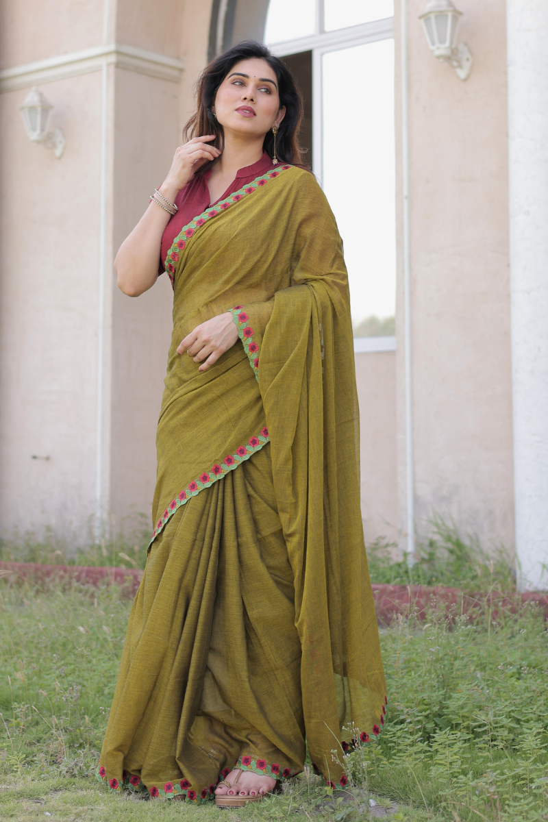 Dusty rose mul cotton saree with contrast blouse
