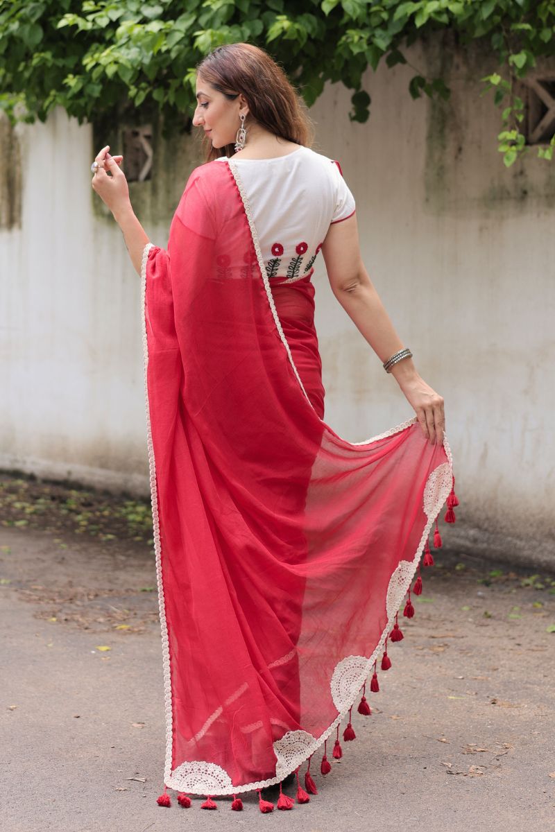 Gulmohar Mul Cotton Saree with Hand Embroidered Blouse