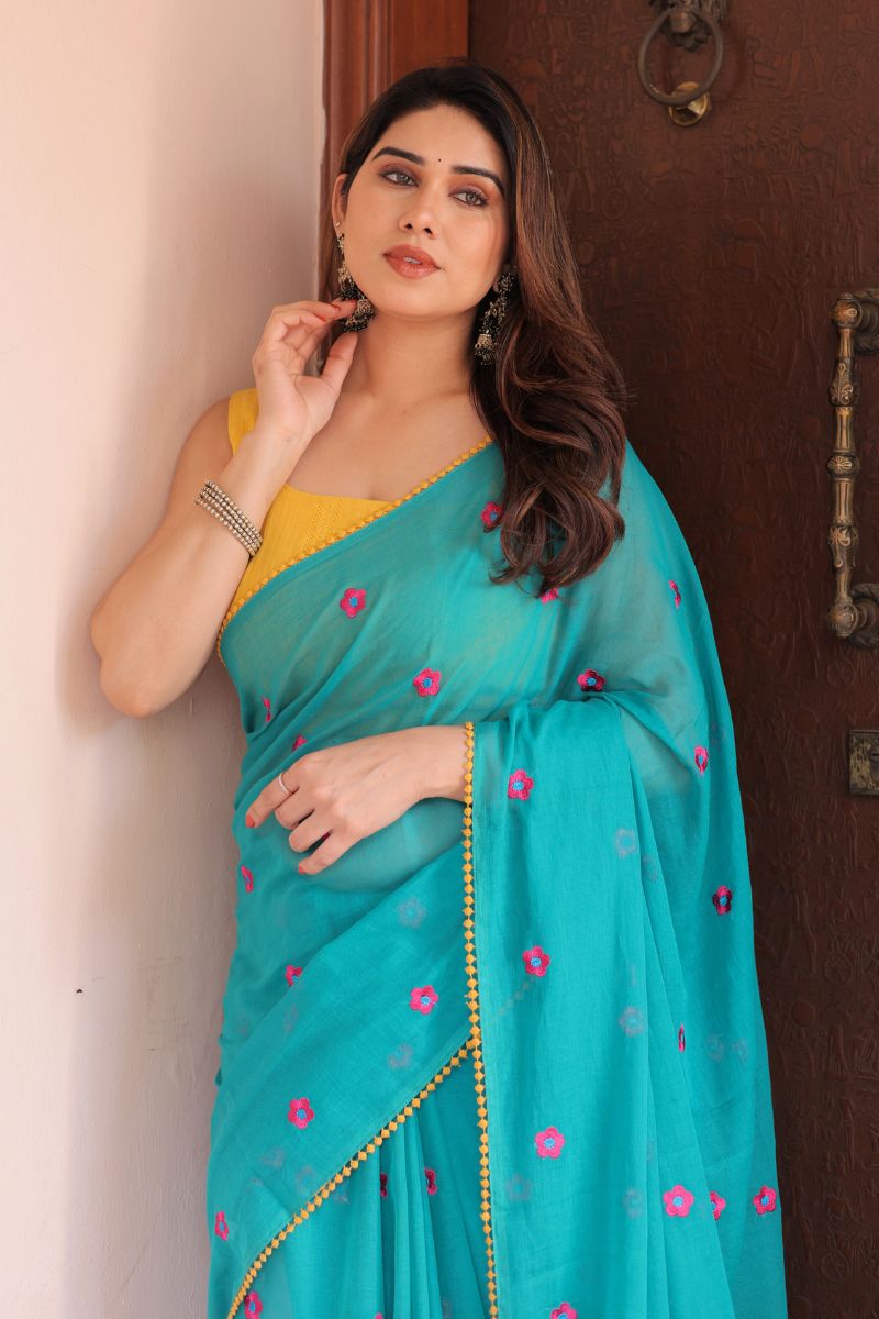Medha flower embroidery mul cotton saree with blouse