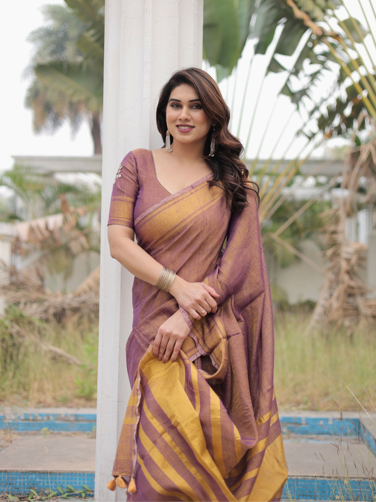 Mauve tissue linen saree with blouse