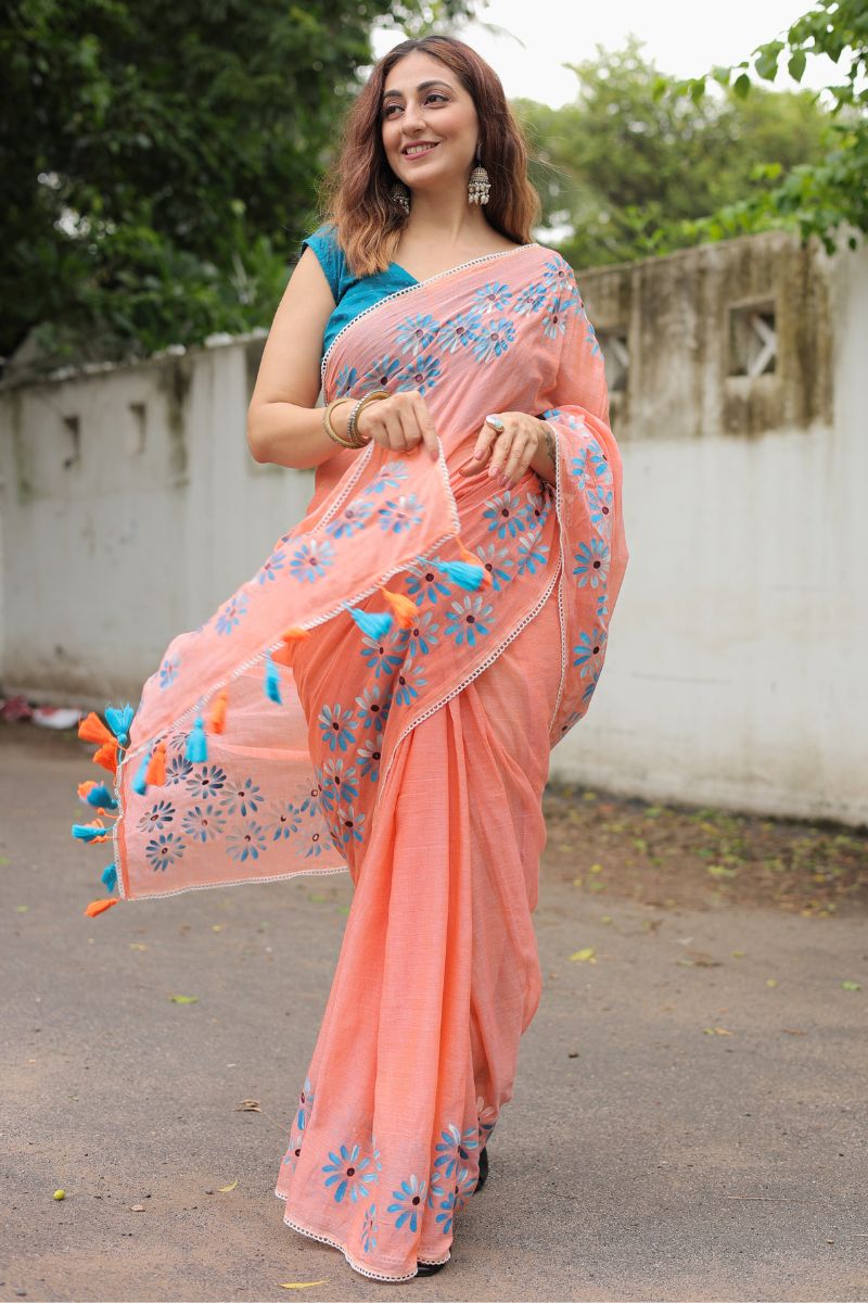 Coral Bloom Orange Mul Cotton Saree with Blouse